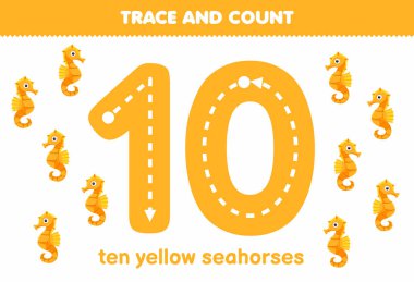 Education game for children fun counting ten yellow seahorses printable underwater worksheet