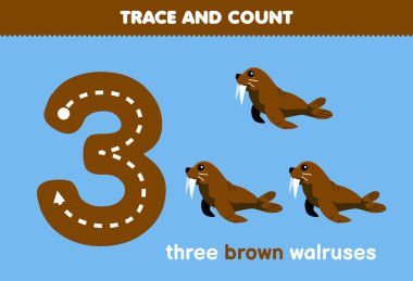 Education game for children fun counting three brown walruses printable underwater worksheet
