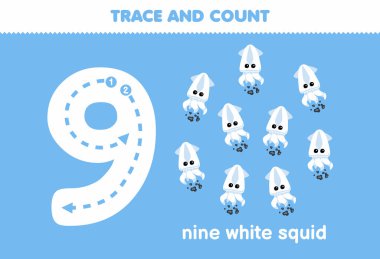 Education game for children fun counting nine white squid printable underwater worksheet