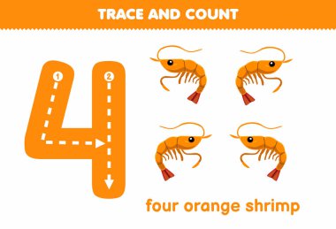 Education game for children fun counting four orange shrimp printable underwater worksheet