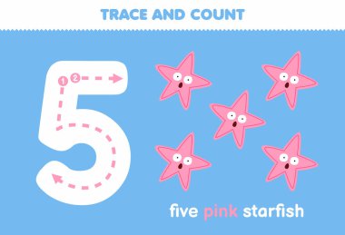 Education game for children fun counting five pink starfish printable underwater worksheet