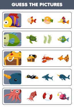 Education game for children guess the correct pictures of cute cartoon fish treasure chest narwhal cuttlefish printable underwater worksheet
