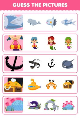 Education game for children guess the correct pictures of cute cartoon fish mermaid anchor treasure chest coral printable underwater worksheet