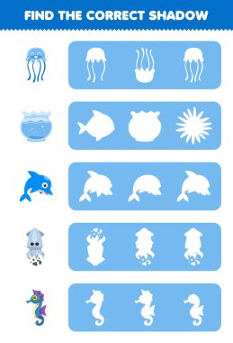 Education game for children find the correct shadow silhouette of cute cartoon jellyfish fish bowl dolphin squid seahorse printable underwater worksheet