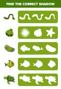Education game for children find the correct shadow silhouette of cute cartoon eel shell sea cucumber fish turtle printable underwater worksheet