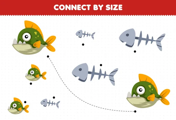 Educational Game Kids Connect Size Cute Cartoon Piranha Fish Bone — 스톡 벡터