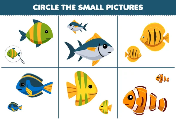 Education Game Children Circle Small Picture Cute Cartoon Fish Printable — 스톡 벡터