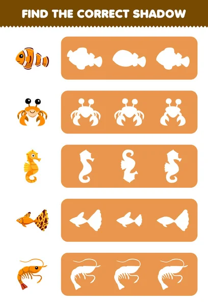 Education Game Children Find Correct Shadow Silhouette Cute Cartoon Fish — 스톡 벡터