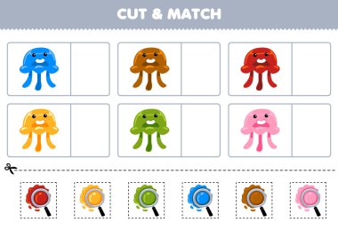 Education game for children cut and match the same color of cute cartoon jellyfish printable underwater worksheet