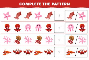 Education game for children complete the pattern by guess the correct picture of cute cartoon starfish cuttlefish octopus jellyfish lobster crab printable underwater worksheet