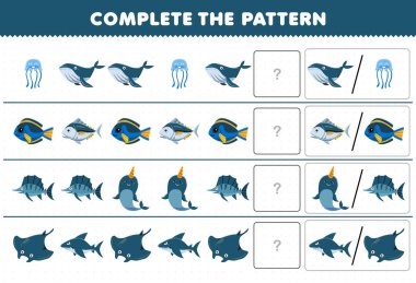 Education game for children complete the pattern by guess the correct picture of cute cartoon jellyfish whale fish narwhal manta shark printable underwater worksheet