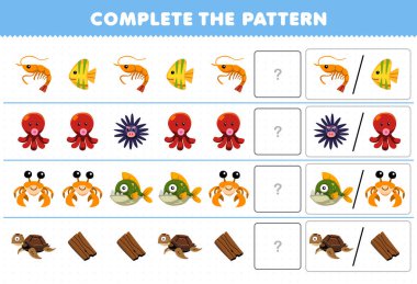 Education game for children complete the pattern by guess the correct picture of cute cartoon shrimp fish octopus urchin crab piranha turtle printable underwater worksheet