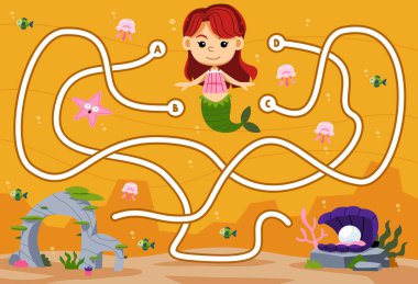 Maze puzzle game for children with cute cartoon mermaid stone and coral printable underwater worksheet