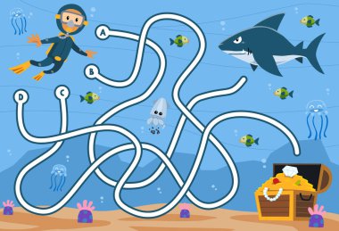 Maze puzzle game for children with cute cartoon diver shark and treasure chest printable underwater worksheet