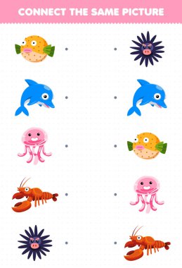 Education game for children connect the same picture of cartoon fish dolphin jellyfish lobster urchin printable underwater worksheet