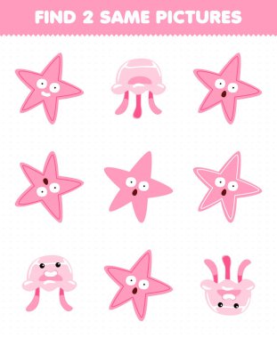 Education game for children find two same pictures of cute cartoon starfish printable underwater worksheet