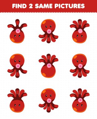 Education game for children find two same pictures of cute cartoon octopus printable underwater worksheet