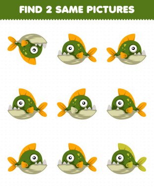 Education game for children find two same pictures of cute cartoon piranha printable underwater worksheet