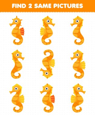 Education game for children find two same pictures of cute cartoon seahorse printable underwater worksheet