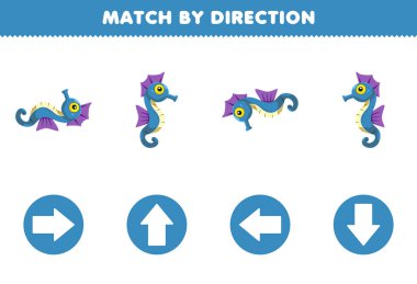 Education game for children match by direction left right up or down orientation of cute cartoon seahorse printable underwater worksheet