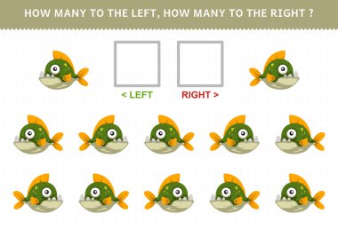Education game for children of counting left and right picture of cute cartoon piranha printable underwater worksheet