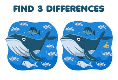 Education game for children find three differences between two cute cartoon whale with beluga and fish printable underwater worksheet