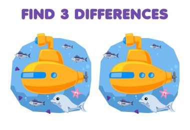 Education game for children find three differences between two cute cartoon submarine and fish printable underwater worksheet