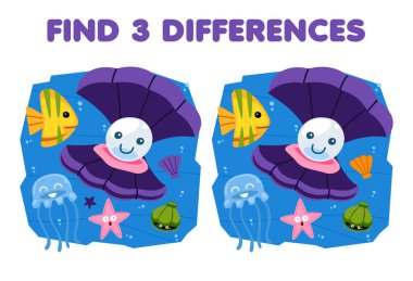 Education game for children find three differences between two cute cartoon shell with starfish and jellyfish printable underwater worksheet