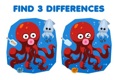 Education game for children find three differences between two cute cartoon octopus and squid printable underwater worksheet