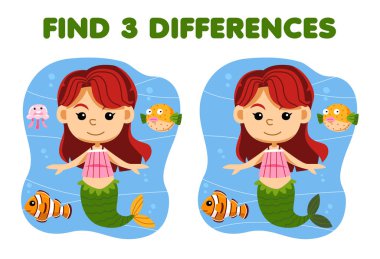 Education game for children find three differences between two cute cartoon mermaid with fish and jellyfish printable underwater worksheet