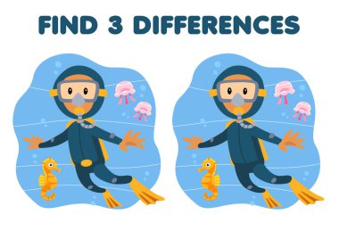 Education game for children find three differences between two cute cartoon diver with seahorse and jellyfish printable underwater worksheet