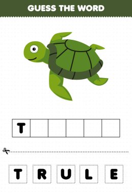 Education game for children guess the word letters practicing of cute cartoon turtle printable underwater worksheet