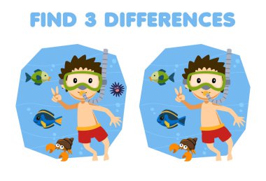 Education game for children find three differences between two cute cartoon diver with fish and hermit crab printable underwater worksheet