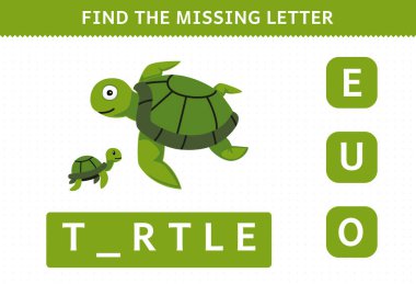 Education game for children find the missing letter of cute cartoon turtle printable underwater worksheet