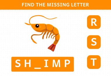 Education game for children find the missing letter of cute cartoon shrimp printable underwater worksheet