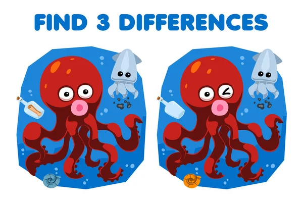 Education game for children find three differences between two cute cartoon octopus and squid printable underwater worksheet