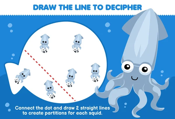 子供のための教育ゲームは イカが水中ワークシートを印刷可能な各赤ちゃんイカを分離するために線を描くのを助ける — ストックベクタ
