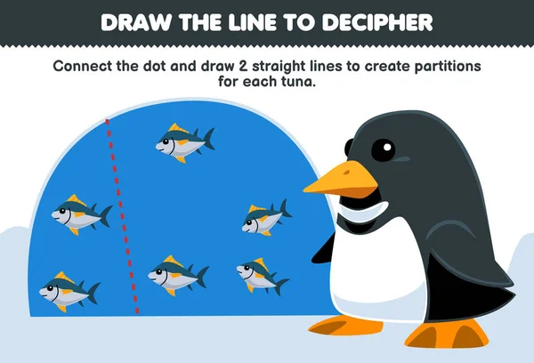 子供のための教育ゲームは ペンギンが水中ワークシートを印刷可能な各魚を分離するために線を描くのを助ける — ストックベクタ