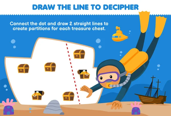 子供のための教育ゲームは ダイバーが水中ワークシートを印刷可能な各宝箱を分離するために線を描くのを助ける — ストックベクタ