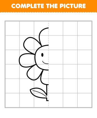Çocuklar için eğitim oyunu, basılabilir doğa çalışma tablosu çizmek için yarım hatlı sevimli karikatür çiçek resmini tamamlar