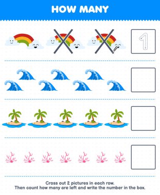 Çocuklar için eğitim oyunu Gökkuşağı Dalgası Adası mercan kaç tane şirin çizgi film saymak ve kutu yazdırılabilir doğa çalışma kağıdına sayı yazın