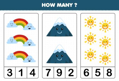 Çocuklar için eğitim oyunu Gökkuşağı Dağları 'nda kaç tane şirin çizgi film basılabilir doğa çalışma kağıdını sayıyor