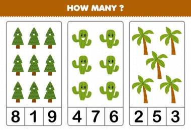 Çocuklar için eğitim oyunu kaç tane şirin çizgi film çam kaktüsü ve palmiye ağacı basılabilir doğa çalışma tablosu sayılıyor?