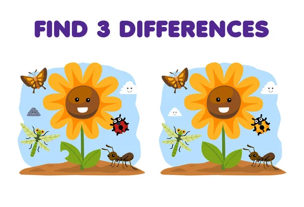 Education Game Children Find Three Differences Two Cute Cartoon Sunflower — ストックベクタ