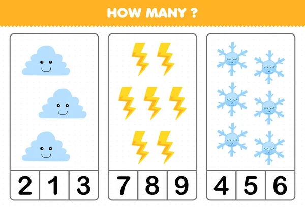 Education Game Children Counting How Many Cute Cartoon Cloud Thunder — ストックベクタ