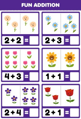 Education game for children fun addition by counting and sum of cute cartoon flower printable nature worksheet