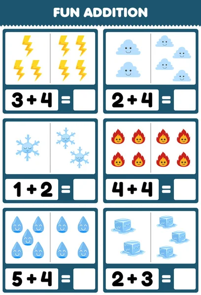 かわいい漫画雷雲雪の結晶火災水氷印刷可能な自然ワークシートのカウントと合計によって子供のための教育ゲーム — ストックベクタ