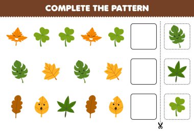 Education game for children cut and complete the pattern of each row from a cute cartoon leaf worksheet