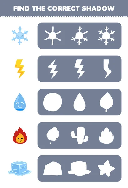 子供のための教育ゲームはかわいい漫画雪の結晶雷水火氷印刷可能な自然ワークシートの正しい影のシルエットを見つける — ストックベクタ