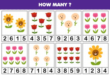 Education game for children counting how many cute cartoon flower in each table printable nature worksheet